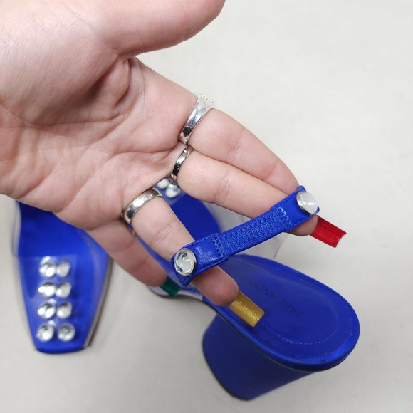 Paul Andrew Womens Heels Serrano Blue Satin PVC Cabochon Peep Toe Slingback 37 7 - Picture 9 of 10